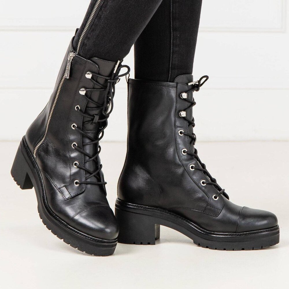 Michael Kors Anaka Black Leather Combat Platform Boots with Chrome MK